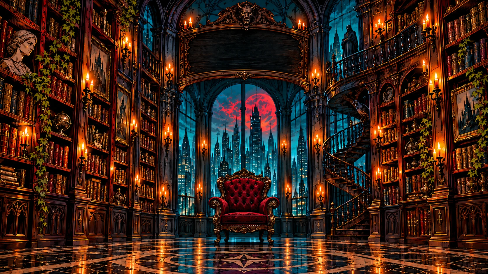 An illustrated candlelit library, overlooking a city beneath a red moon
